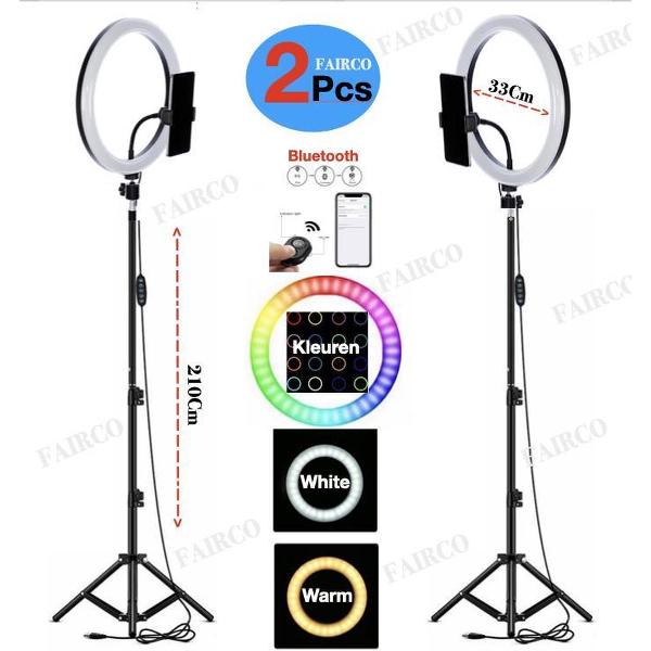 Selfie LED Ringlamp 33Cm met Statief 210 CM + Bluetooth afstandsbediening en Telefoonhouder - Smartphone Tripod - Ring Light - flitser - Studiolamp – CoolTech