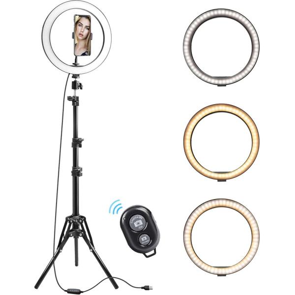 Ringlamp met Statief en Telefoonhouder - Selfie Ring Light Smartphone Houder - Ringlamp - LED Ringlight - Ring Lamp 10 Inch - Studiolamp - Verstelbare hoogte & 360 graden draaibaar - 3 lichtkleuren en 10 lichtstanden - Zwart