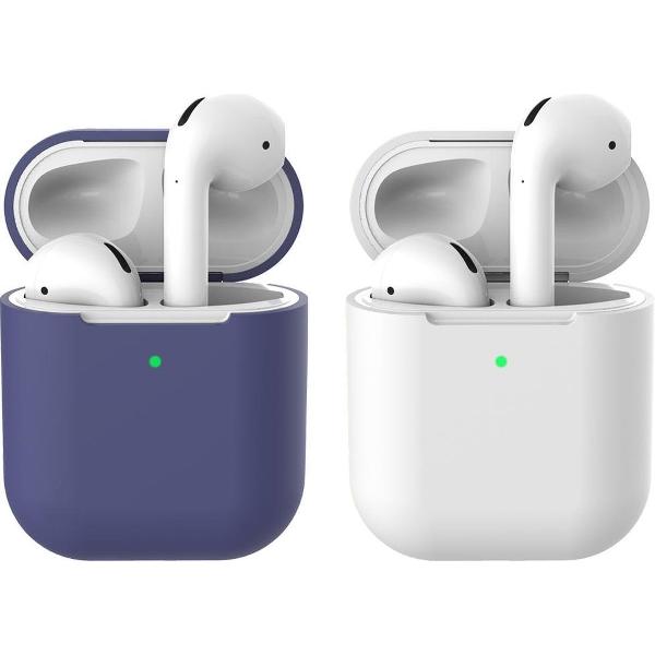 2 beschermhoesjes voor Apple Airpods - Donker Blauw & Wit - Siliconen case geschikt voor Apple Airpods 1 & 2