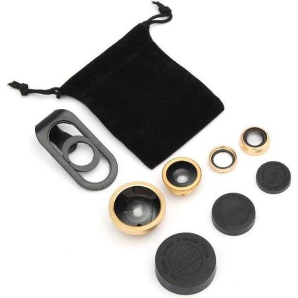 4 in 1 Zwart/goud universele lens clip - met stevige grip en 4 opzetstukken