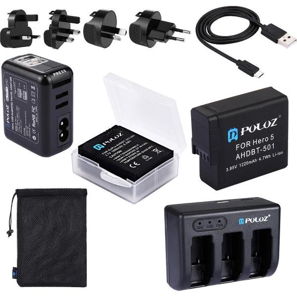 PULUZ 10 in 1 AHDBT-501 3.85V 1220mAh batterij + AHDBT-501 3-kanaals batterijoplader + opbergtas net + batterij opbergdoos + 2-poorts USB 5V (2.1A + 2.1A) Opladersets voor GoPro HERO5