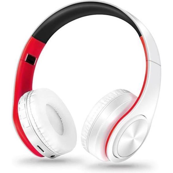 DrPhone Draadloze Bluetooth 5.0 Koptelefoon met 4 functies - SD kaart - FM - AUX - Handsfree Met Microfoon & Diepe Bass - Wit/Rood