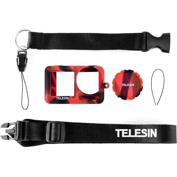 PRO SERIES Zachte Siliconen Rubber Beschermende Case + Lens Cover + Hand Strap voor Dji Osmo Action Camera - Rood Camougflage