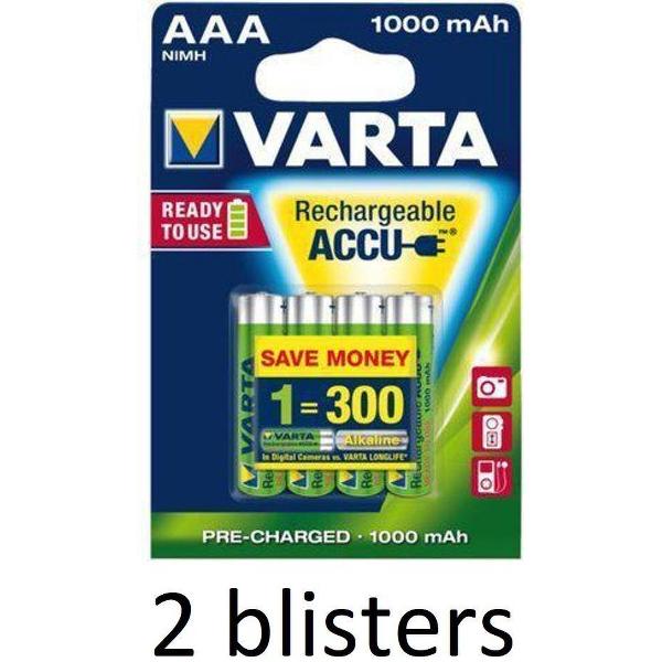 8 stuks (2 blisters a 4 st) Varta AAA Oplaadbare Batterijen - 1000mAh