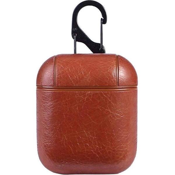 Ntech Bruin Kuntsleer Airpods Hoesje Siliconen Case Met sleutelhanger voor Apple Airpods