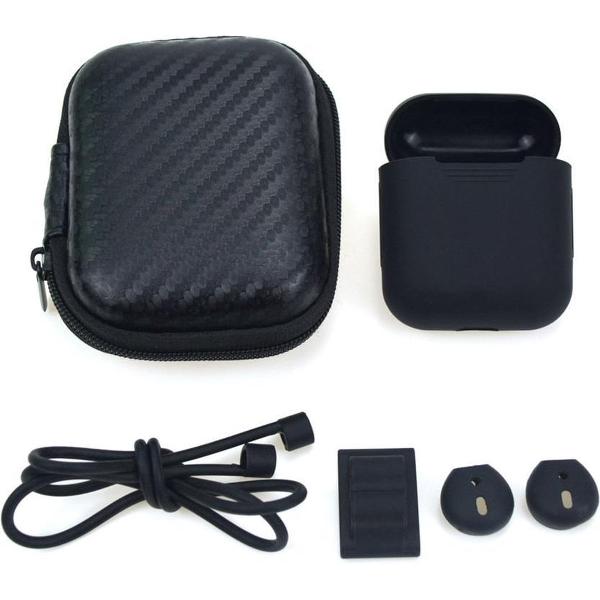 5 in 1 set met siliconen case, koord, horlogehouder, earhooks en opbergetui | geschikt voor Airpods | zwart