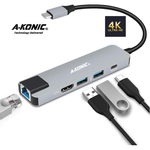 USB C naar HDMI Adapter 5 in 1 | Type C Hub met HDMI (4K), 2x USB 3.0 Ports, USB-C Charging en ethernet port / LAN port o.a. geschikt voor MacBook, iMac, Surface, Chromebook, Galaxy, XPS en meer! | Thunderbolt | A-KONIC©