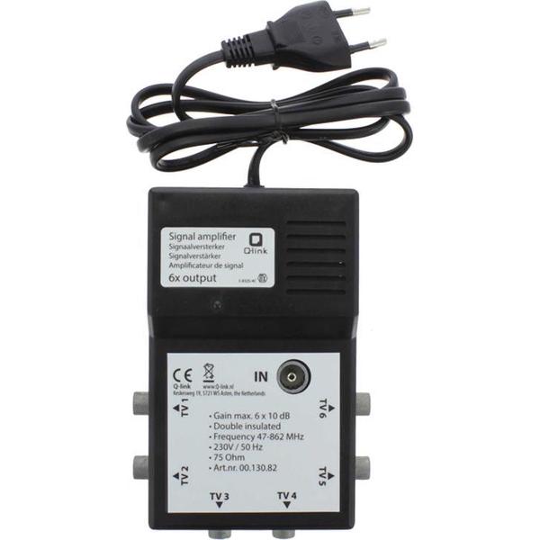 Q-LINK signaalversterker voor TV coax met 6 aansluitingen