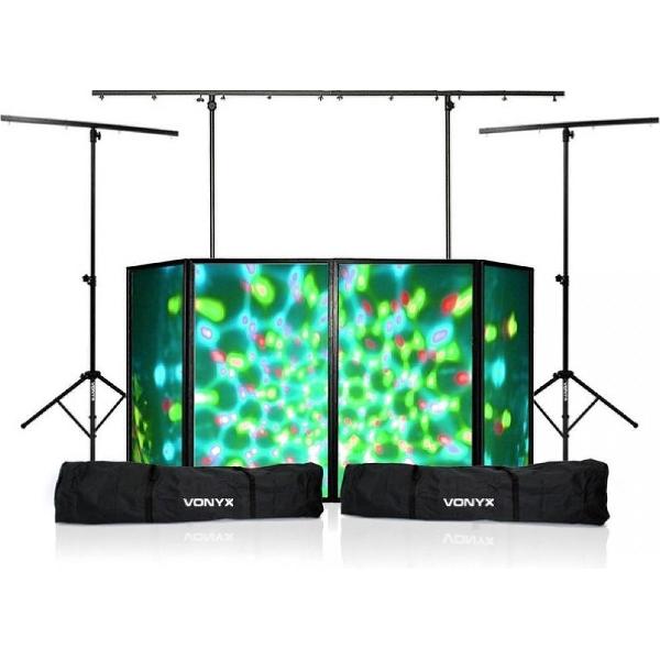 Vonyx complete DJ Booth met meubel, scherm, lichtbrug en twee T-bar licht statieven - Alle