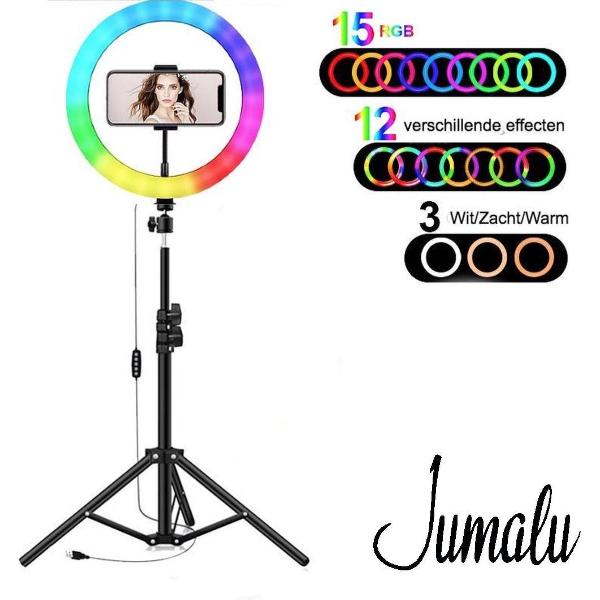 Jumalu Ringlamp met Statief - RGB Ringlamp - Fotografie - Vloggen - Make-up - Beauty - Ring lamp met Telefoon standaard - 12 inch/186 cm hoog - Instagram - TikTok lamp - Ringlampen