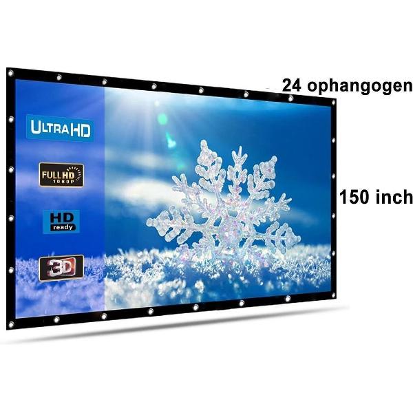 Beamer scherm projectiescherm 150 inch 16:9, lichtgewicht 560 gram met 24 ophangogen, projectie-doek beamerscherm incl ophanghaken