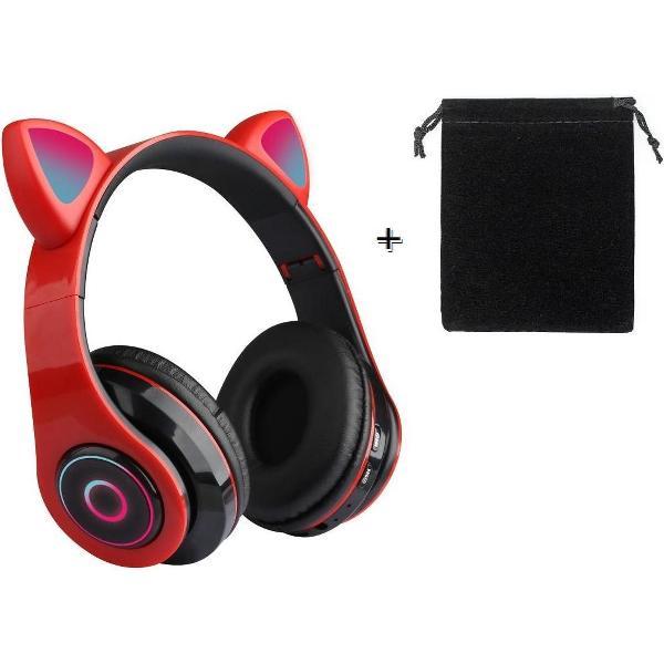 Kinder Hoofdtelefoon-Draadloze Koptelefoon-Kids-Over Ear-Bluetooth-Opbergzak-Microfoon-Katten Oorjtes-Led Verlichting-Rood