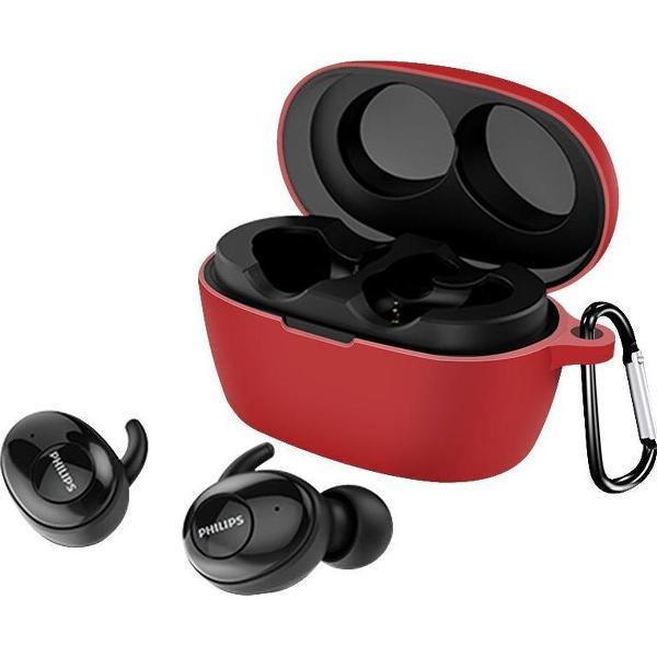 Luxe Siliconen Hoesje Voor Philips SHB2505 Draadloze Oordopjes - Soft Case Cover Protector - Travel Beschermhoes - Reis Opberghoes Shell Beschermer Hoes - Met Musketon Haakje - Rood