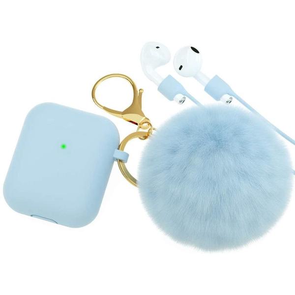 Airpods Case Silicone – Hoesje met Sleutelhanger en Pluche Bol – Blauw