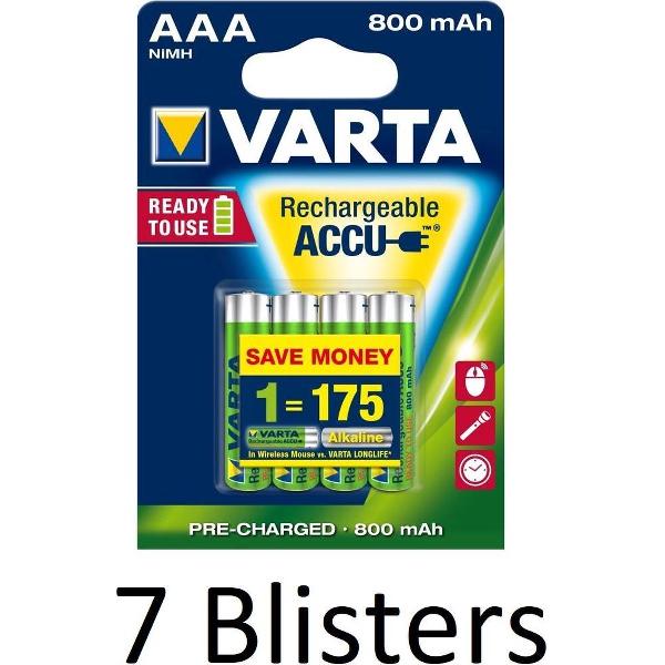 28 Stuks (7 Blisters a 4 st) Varta AAA Oplaadbare Batterijen - 800mAh