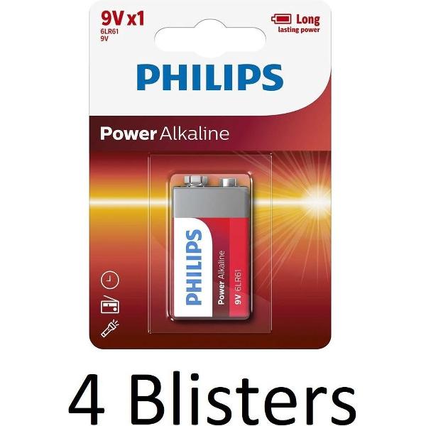4 Stuks (4 Blisters a 1 st) Philips Power Alkaline batterij 9V