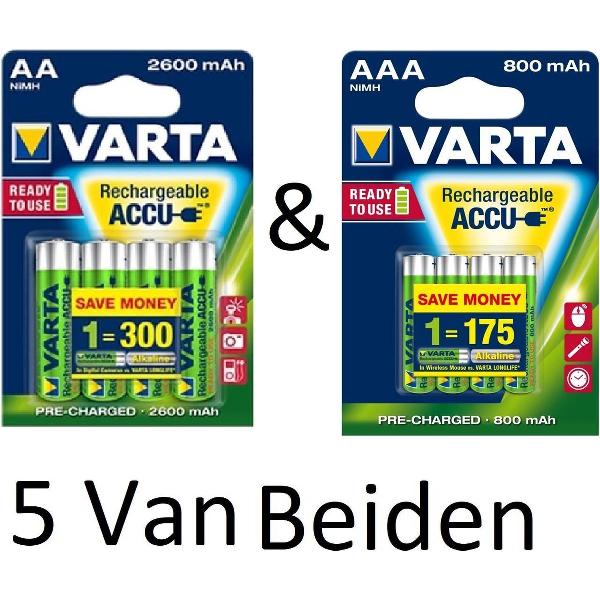 (5 Van Beiden) Varta AA & AAA oplaadbare batterijen Combi aanbieding 2600 mAh & 800 mAh