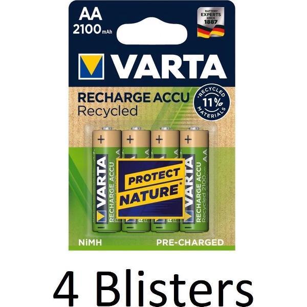 16 Stuks (4 Blisters a 4 st) Varta Recycled AA Oplaadbare Batterijen - 2100 mAh