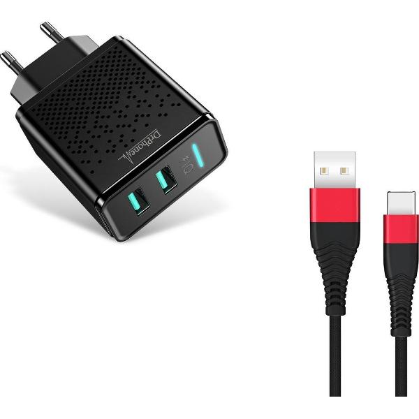 DrPhone - ACC02 IQ Smart 2 Poort Lader - 5V 2.4A - 2 USB Poorten + 1 Meter X1 USB-C / Type-C Kabel - Zwart