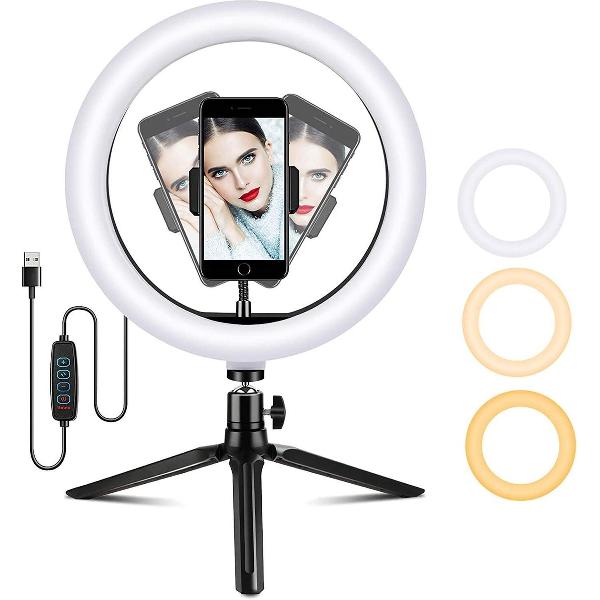 ringlight met statief - ZINAPS Ring licht met statief 10 Inch LED selfie Ring Light met Mobile Phone Holder, 3 Lighting Modes en 10 Helderheid Levels Ring Lamp voor Make-up, levende transmissie, Fotografie, YouTube, TikTok