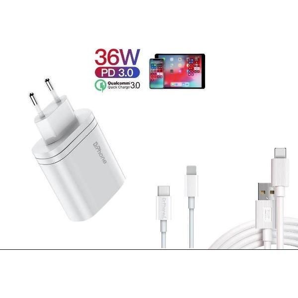 DrPhone ICON PRO - 2 Poorten 36W Lader + 1 Meter DM USB-C Kabel voor iPad + 1M Lightning 5V High Speed Laden iPhone