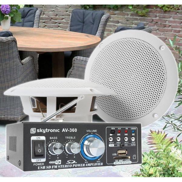 Weerbestendige 6.5 speakerset + versterker en kabel voor muziek op terras of veranda
