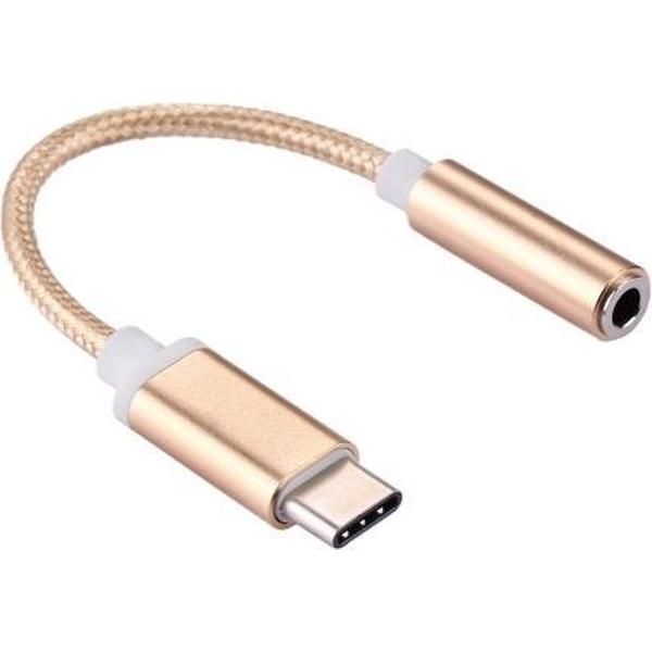 3,5mm Jack female aux naar USB-C (type-c) headset adapter kabel geweven Goud/Gold | 8CM