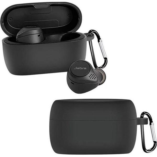 Luxe Siliconen Hoesje Voor Jabra Elite (Active) 75T Draadloze Oordopjes - Soft Case Cover Protector - Travel Beschermhoes - Reis Opberghoes Shell Beschermer Hoes - Met Musketon Haakje - Zwart