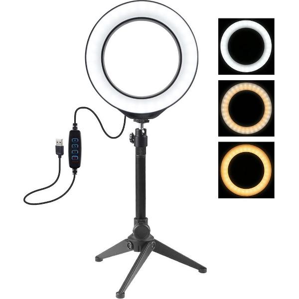 PULUZ 6.2 inch 16cm USB 3-standen Dimbare LED-ring Vlogging Fotografie Videolampen + Desktopstatiefhouder met koude schoen Statief Balhoofd