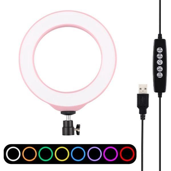 PULUZ 6.2 inch 16cm USB 10 modi 8 kleuren RGBW dimbare LED-ring vloggen fotografie videolichten met koude schoen statief balhoofd (roze)