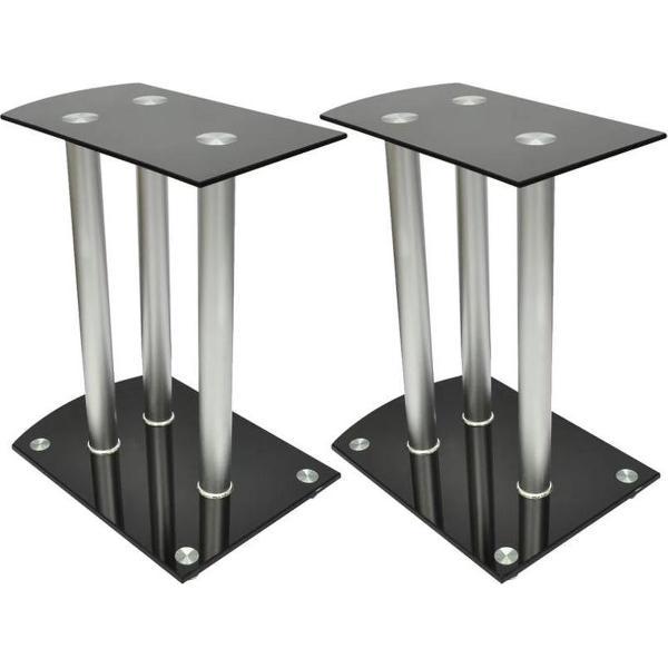 Speaker standaard - Aluminium pilaar en glas - Zwart en zilver - 36,8 x 26,6 x 46,6 cm - Set van 2