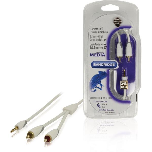 Bandridge witte 3,5mm Jack - Tulp stereo 2RCA kabel met vergulde contacten - 2 meter